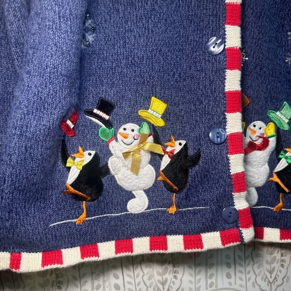 Crystal Kobe Blue Snowman Penguin Ugly Christmas Sweater Cardigan Women's M - Picture 3 of 8